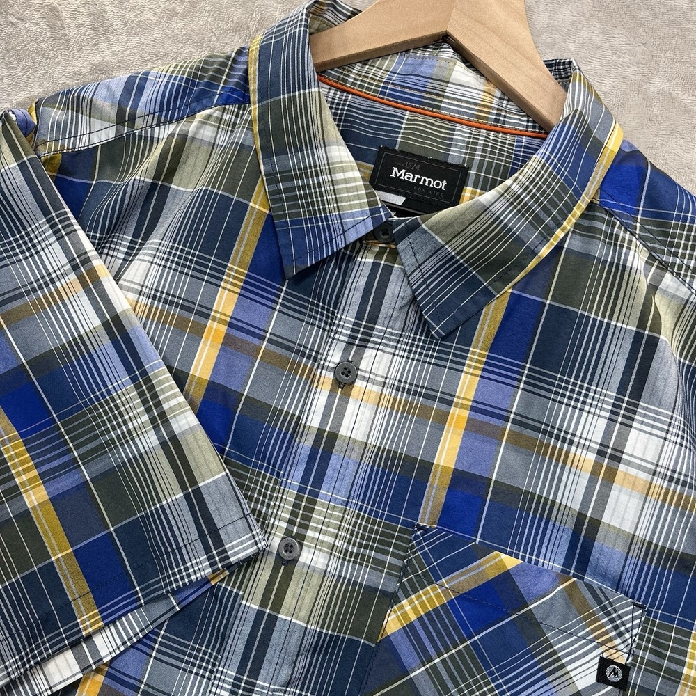 Marmot Shirt Mens XL Short Sleeve Button Up Plaid Multicolor Outdoor Polyester